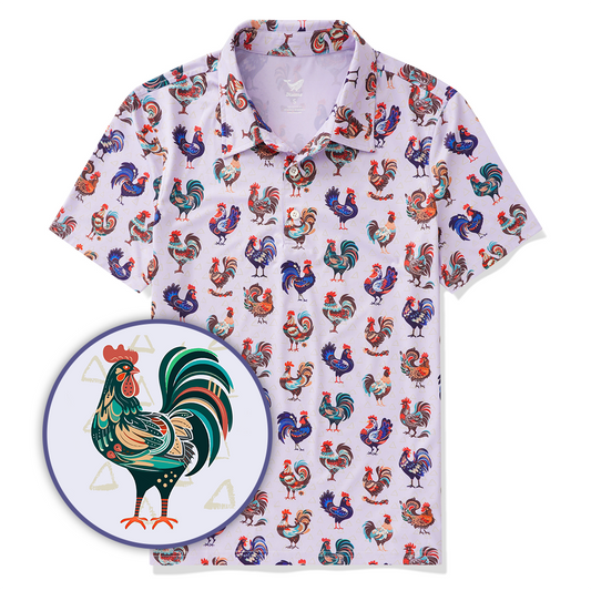 Men's yellow aloha rooster hibiscus polo shirt, recycled polyester