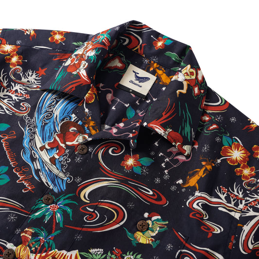 Blue Hawaiian shirt with Santa and hibiscus design