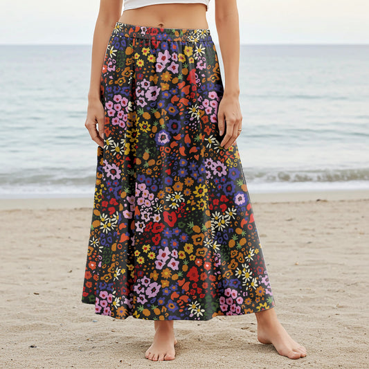 Women Casual Maxi Skirt Long Elastic Waist with Pockets 100% Cotton Black Aloha Midnight Blossoms
