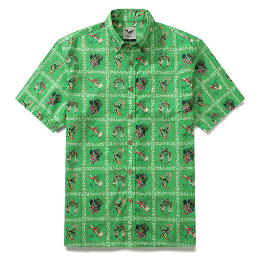 St. Patrick's Day green Hawaiian shirt for men, cotton, button-down