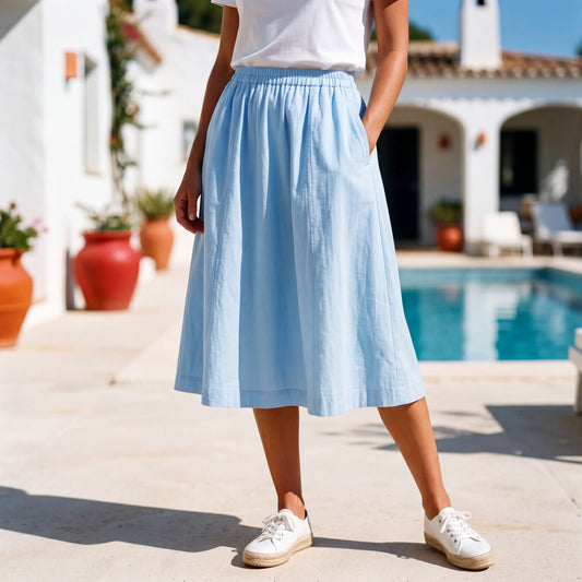 Light blue women's cotton skirt with elastic waist and pockets
