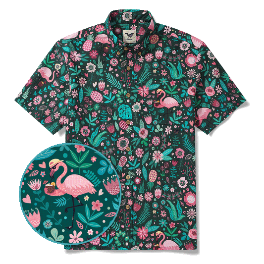 Men's green Hawaiian shirt with flamingos, cotton