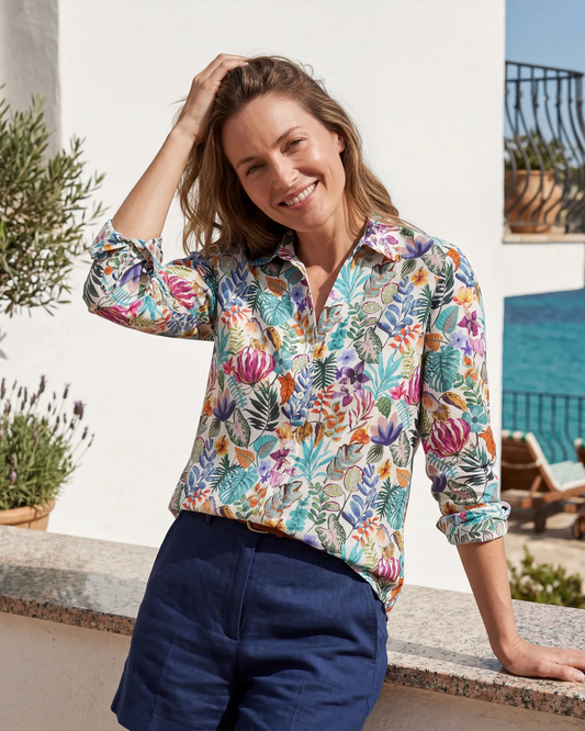 Tropical Oasis Women's V-neck Long Sleeve Cotton Shirt