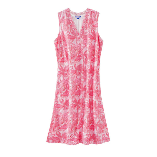 Sleeveless Hawaiian dress with flamingo print, linen blend