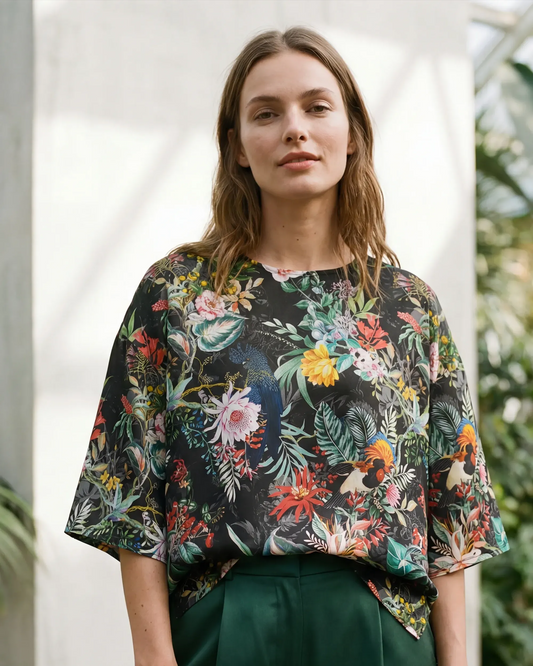 Aloha Tropical Midnight Charm Women's Blouse, black, button-back