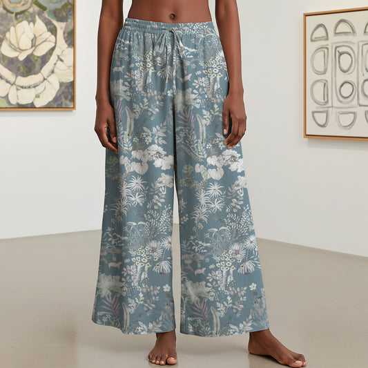Women's blue floral wide leg pants with elastic waist and drawstring