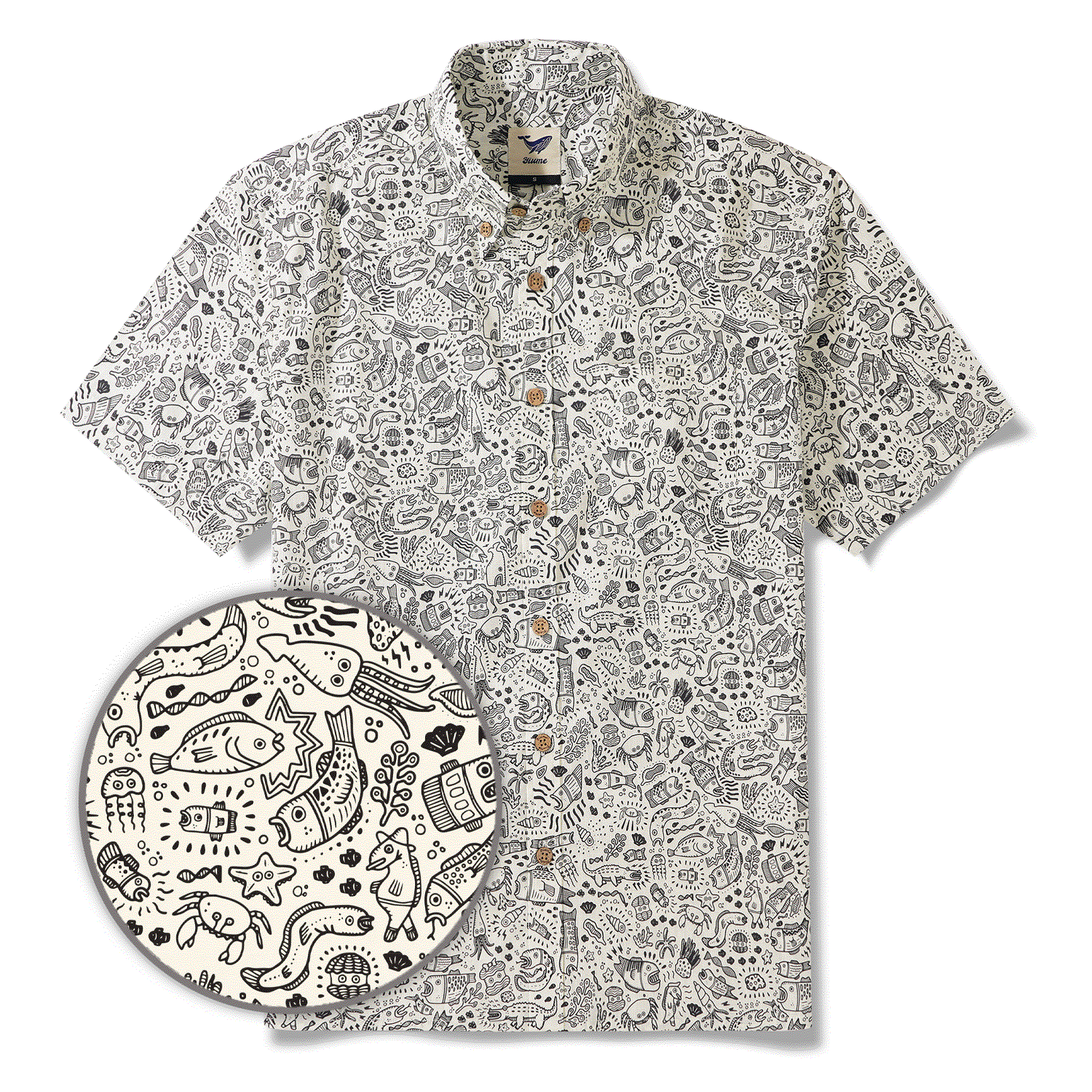 Yiume Ocean Life Doodle Shirt For Men Button-down Beige Funny Aloha Shirt Resort Wear