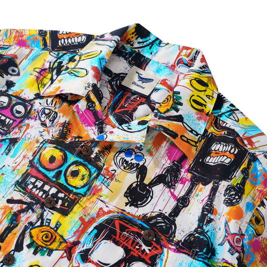 Camp collar short sleeve Hawaiian shirt with graffiti design