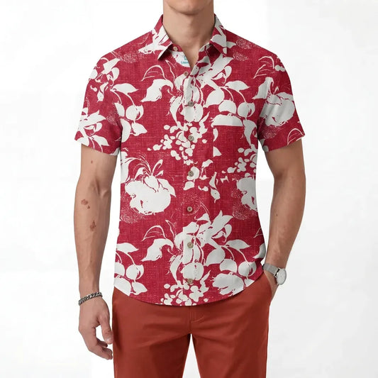 Men's Hawaiian Shirt, red and white floral pattern, button-up