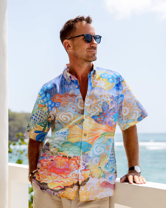 Yiume Men's Designer Hawaiian Shirt Cloud-wandering Koi Print Cotton Blue Aloha Shirt