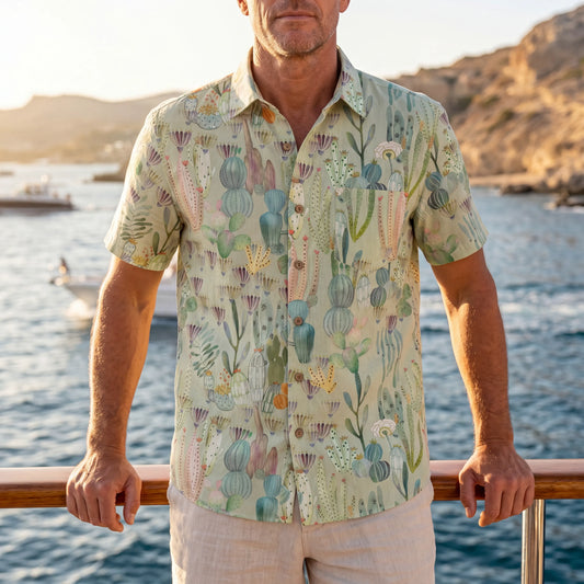 Men's Hawaiian shirt with cactus design, button-up