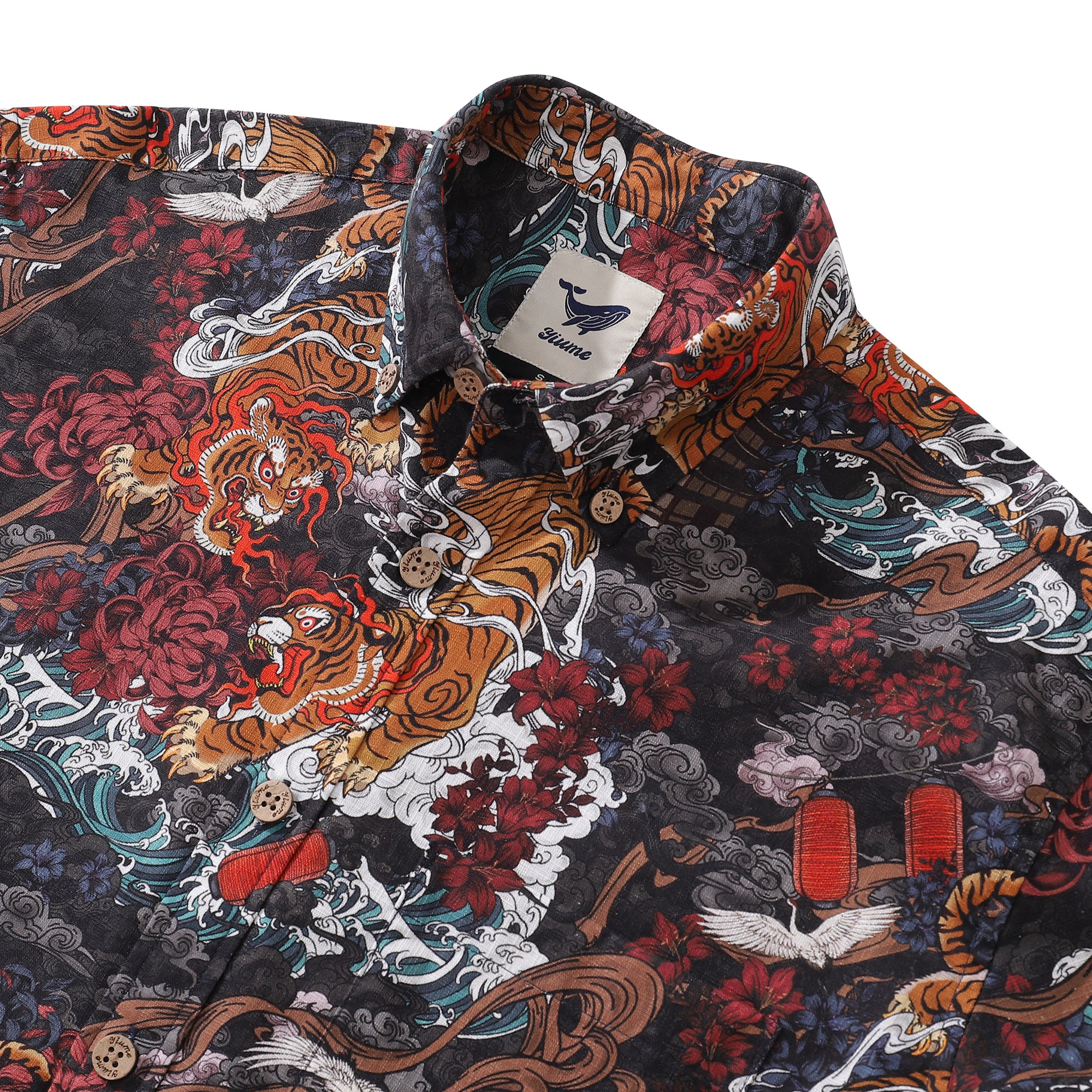 Long Sleeve Hawaiian Shirt For Men Tiger in the Mist Cotton Button-down Aloha Shirt