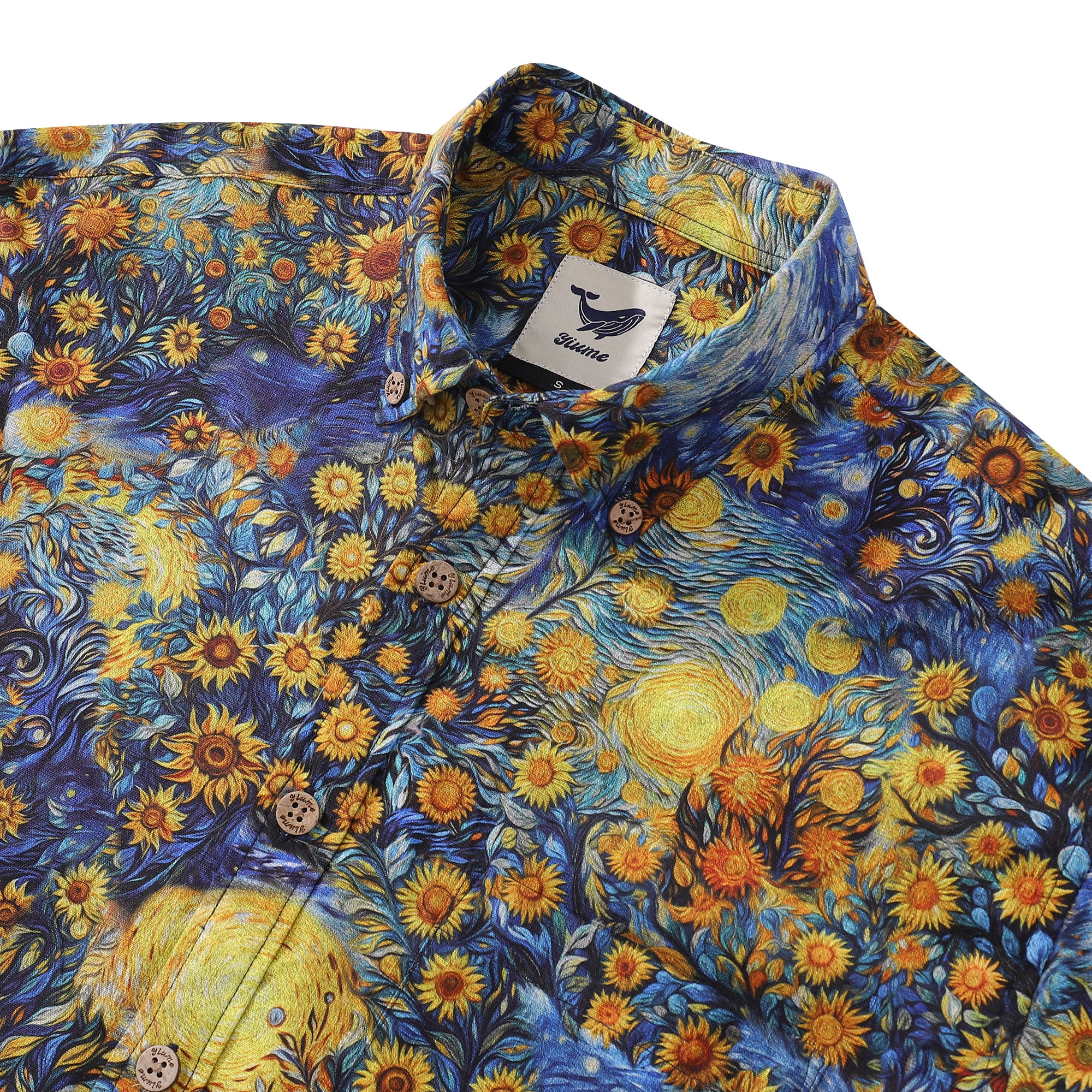 Long Sleeve Hawaiian Shirt For Men Van Gogh Sunflower Cotton Button-down Aloha Shirt