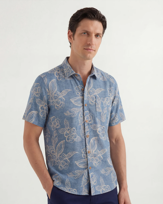 LeosWare Hawaiian Shirt, blue floral design, button-up