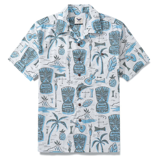 Tiki Men's Hawaiian Shirt with totem masks and palm trees