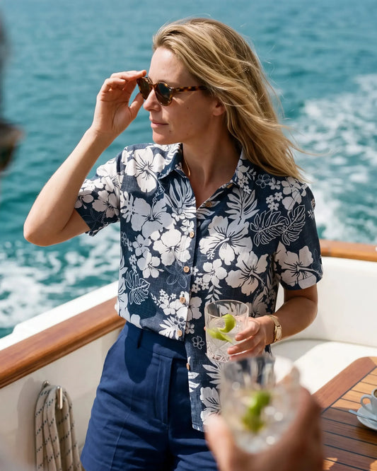Blue Frangipani Women's Hawaiian Shirt with floral design