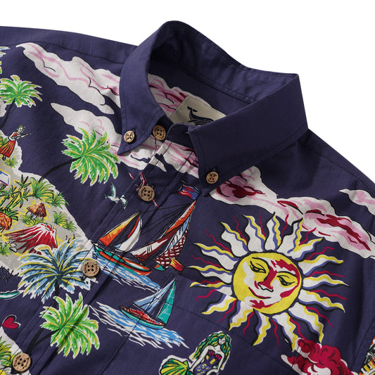 Back view of men's Hawaiian shirt, white, tropical print