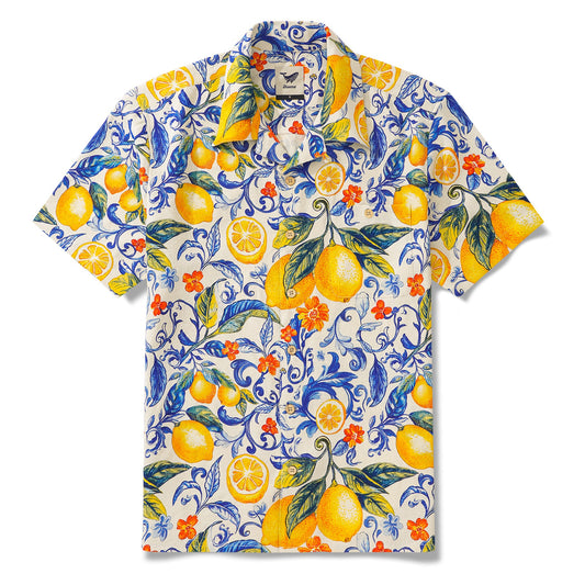 100% Silk Men's Hawaiian Shirt Short Sleeve Camp Collar 100% Silk Blue Aloha Sunlit Lemons