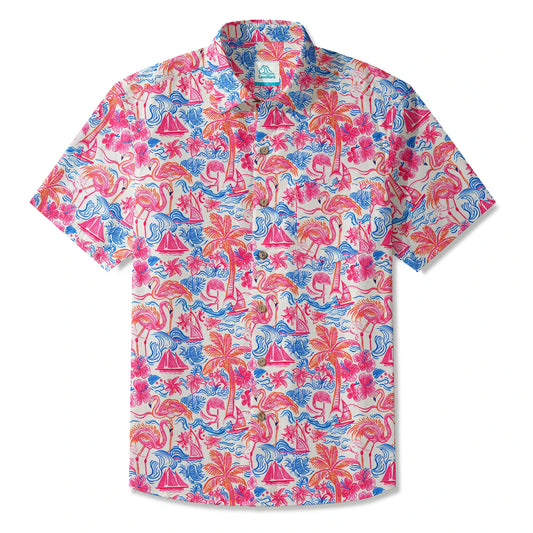 Flamingo Men's Hawaiian Shirt with hibiscus and palm trees