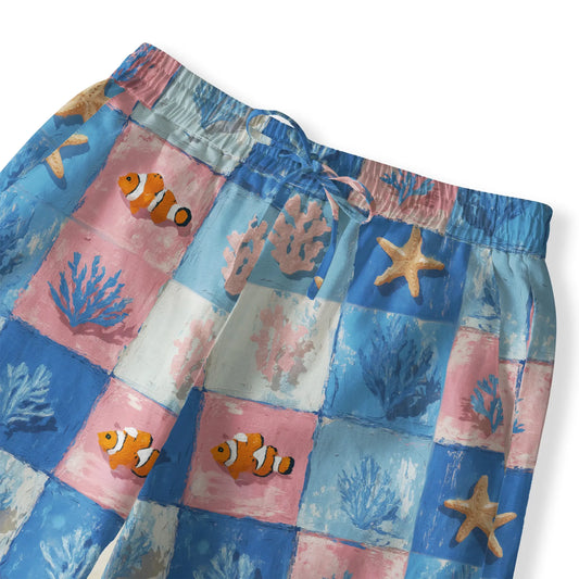 Women's Wide Leg Pants with Oceanic Chessboard and Coral Elements