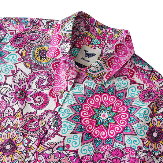 Women's pink mandala short sleeve button-up shirt for Valentine's Day