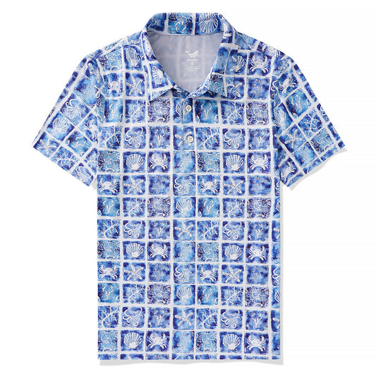 Men's Hawaiian Polo Shirt Short Sleeve 83% Recycled polyester 17% Spandex Blue Aloha Ocean Crest By Zeke