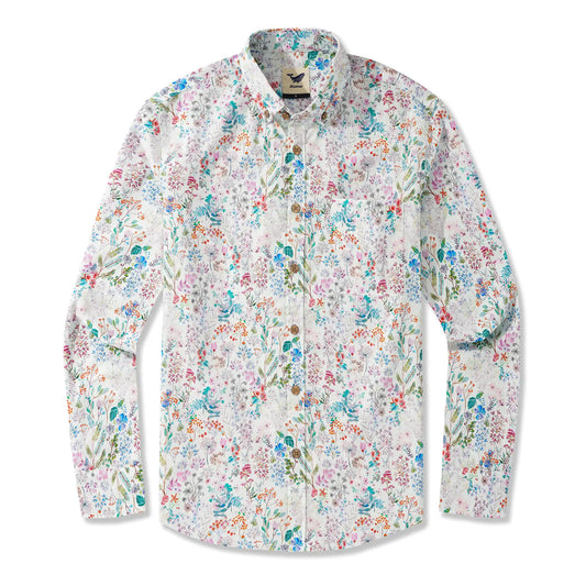 Men's Hawaiian Shirt with Botanical Print, Long Sleeve, 100% Cotton