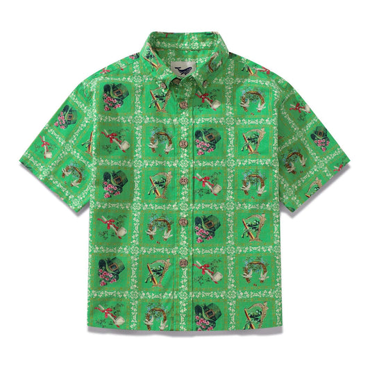 Children's green St. Patrick's Day Hawaiian shirt with art-inspired print