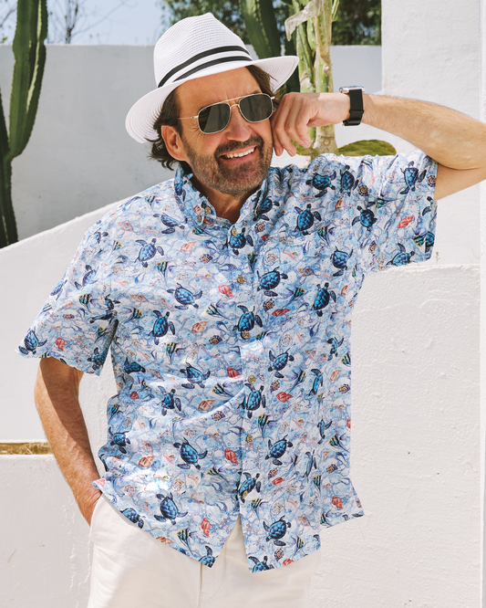 Men's blue Hawaiian shirt with sea turtle print