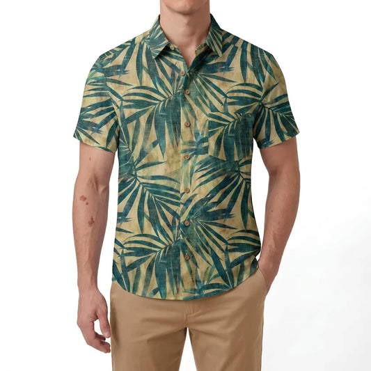 Back view of men's Hawaiian shirt with palm design