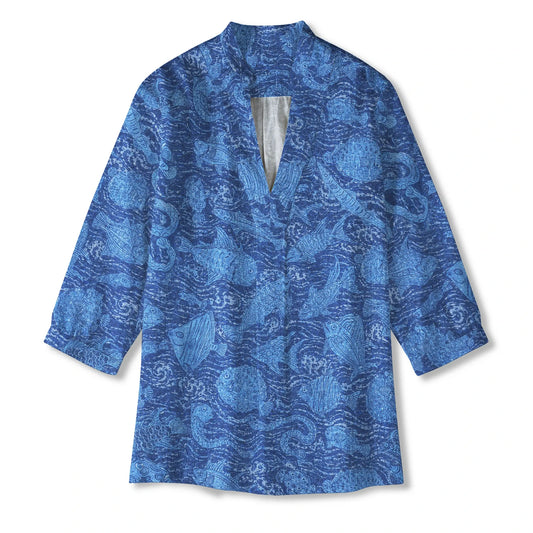 Women's indigo fish art shirt, 3/4 sleeve, V-neck