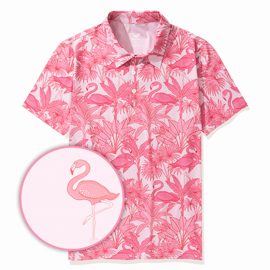 Men's Hawaiian Polo Shirt with Flamingos and Chameleons design
