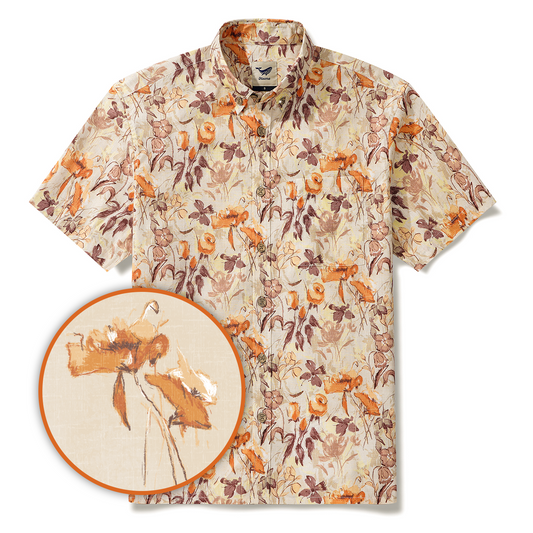 Men's Hawaiian Shirt Short Sleeve Button-down 100% Cotton Brown Aloha Dream Garden