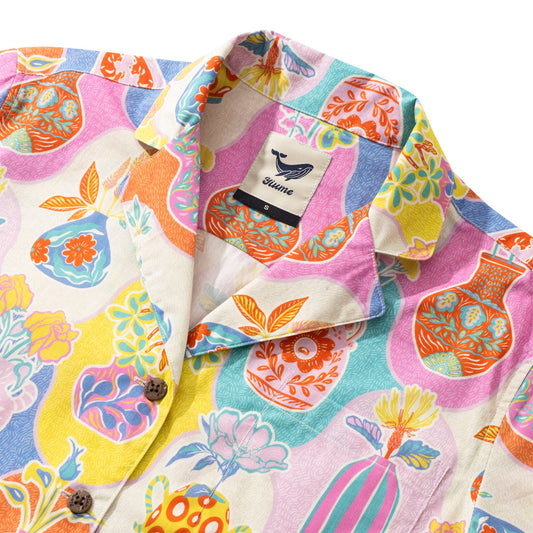 Close-up of kitschy vases pattern on women's Hawaiian shirt