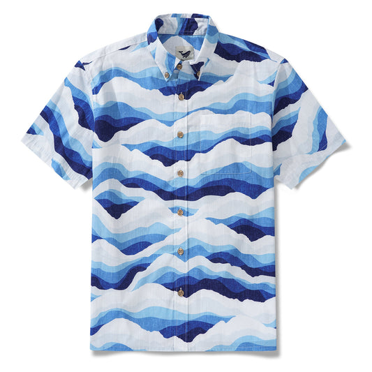 Blue Aloha Mountain and Sea men's Hawaiian shirt, short sleeve, 100% cotton