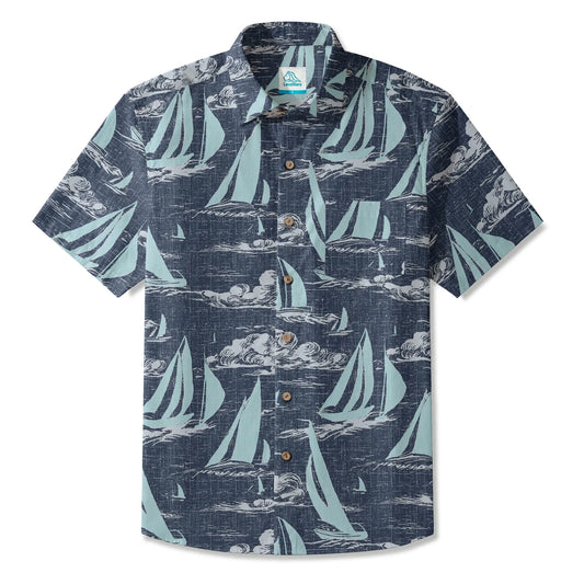 LeosWare Sailboat Men's Hawaiian Shirt in blue, short sleeve, button-up