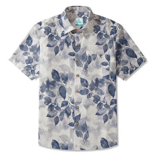 Men's Hawaiian shirt with purple ink leaves, short sleeve