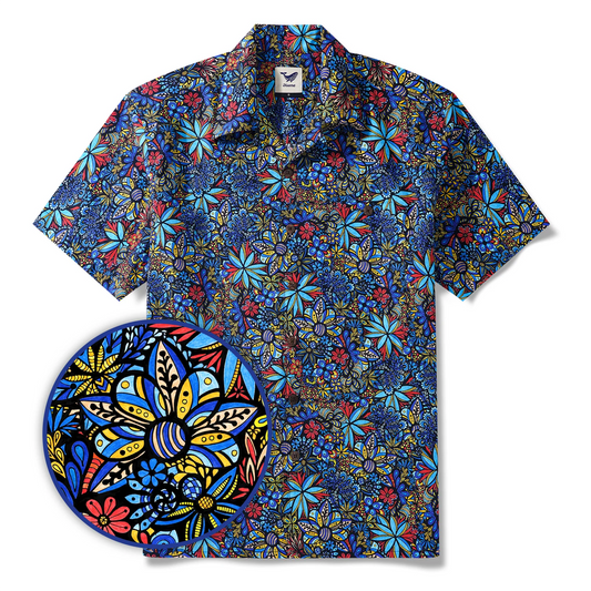 Men's Hawaiian Shirt Short Sleeve Camp Collar 100% Cotton Blue Aloha TALAVERA BOUQUET By Lori Anne McKague