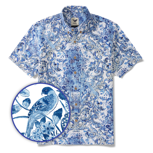 Men's Hawaiian Shirt Short Sleeve Button-down 100% Cotton Blue Aloha Floral Whisper