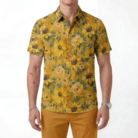 Golden sunflower print men's Hawaiian shirt, 100% cotton