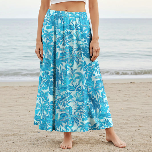 Women Casual Maxi Skirt Long Elastic Waist with Pockets 100% Cotton Blue Aloha Jungle Paradise