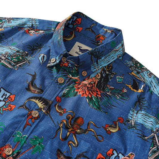 Men's Hawaiian Shirt Short Sleeve Button-down 100% Cotton Blue Aloha Hot Paradise Beach