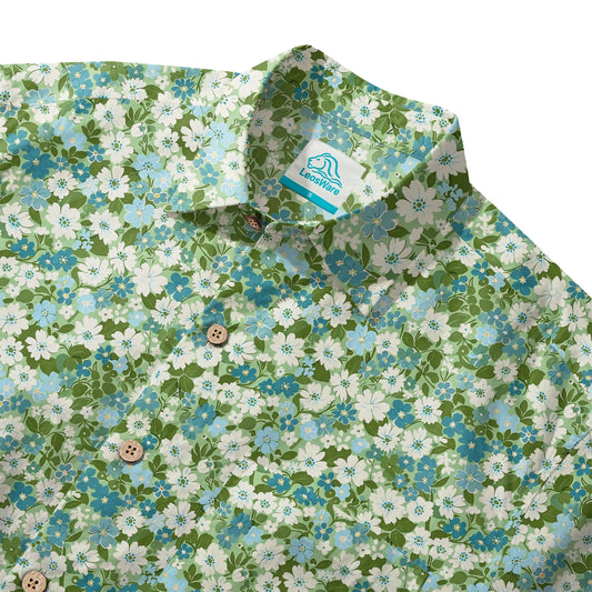 Green floral Hawaiian shirt with white and blue flowers