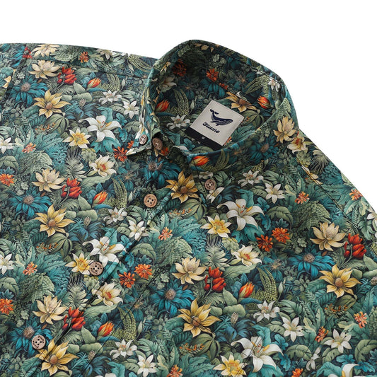 Close-up of jungle print on men's Hawaiian shirt