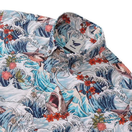 Close-up of shark print on men's Hawaiian shirt