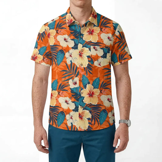 Orange Hibiscus Men's Hawaiian Shirt, tropical print, cotton