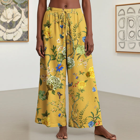 Women Casual Floral Wide Leg Pants Lounge Elastic Waist Drawstring with Pockets 93% Lyocell, 7% Linen Yellow Aloha Turmeric Courtyard Blossom By Patch