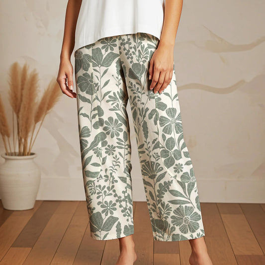 Women Casual Ankle Pants Lounge Elastic Waist with Pockets 93% Lyocell, 7% Linen Green Aloha Floral Symphony