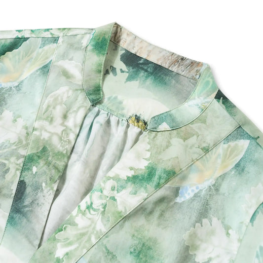 Green foliage and butterfly print women's blouse, V-neck, 3/4 sleeve