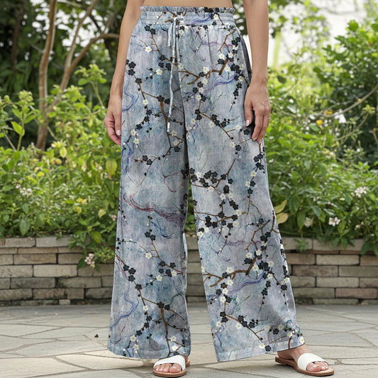 Women Casual Floral Wide Leg Palazzo Pants Lounge Elastic Waist Drawstring with Pockets 100% Cotton Blue Aloha Zen Plum Blossom Symphony By Huan huan